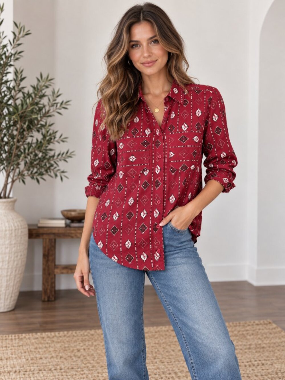Cruel Denim Red Aztec Western Button Up Shirt Lace Back Size XSmall